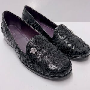 Brighton Black Floral Embossed Leather Slip-On Flats with Purple Lining